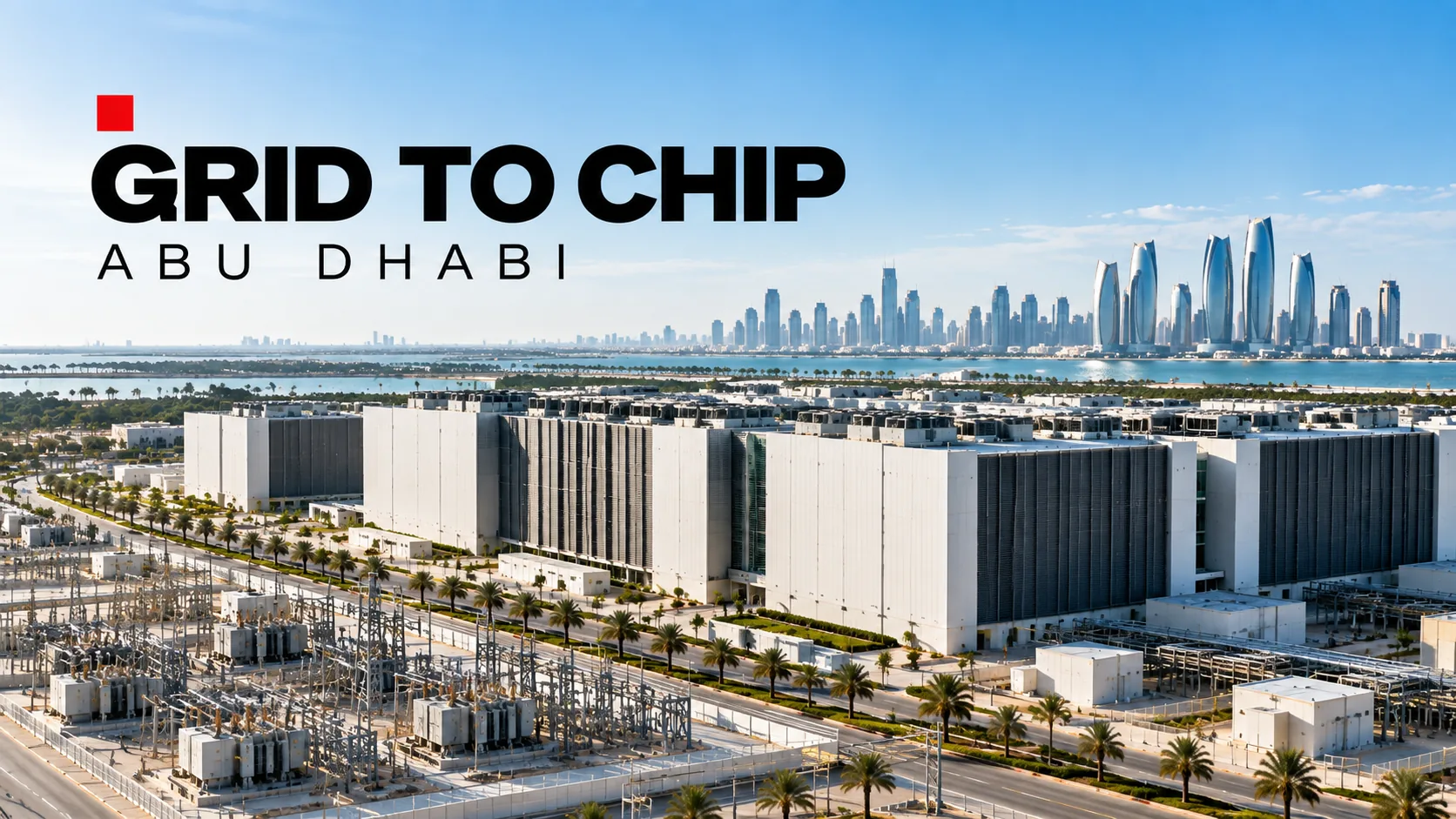 Grid to Chip Abu Dhabi: a data centre campus with its substation, the Abu Dhabi skyline behind
